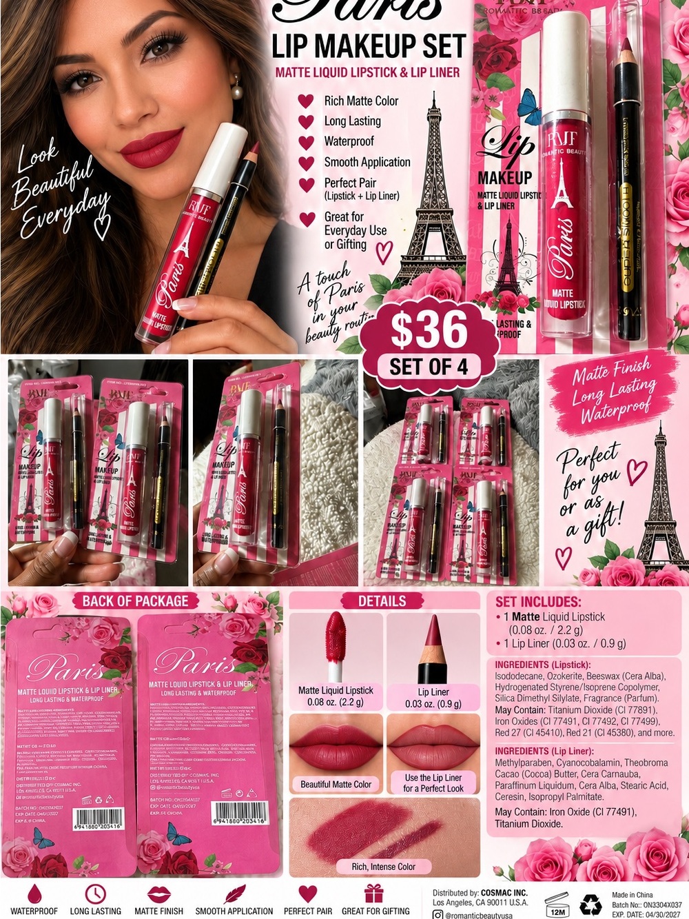 Set of 4 Aris Matte Liquid Lipstick & Lip Liner Set - Deep Rose Red